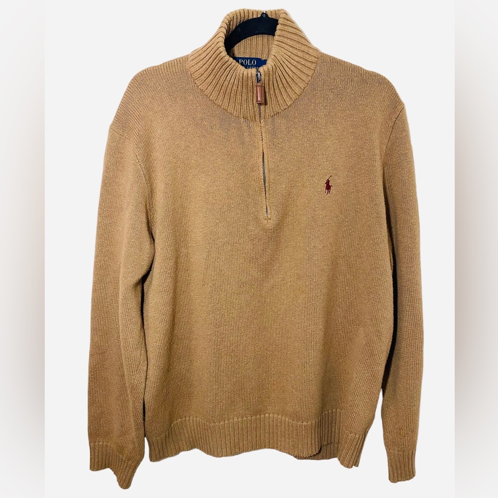 Polo Ralph Lauren Men’s Sweater 1/4 Zip Brown large ribbed pullover‎